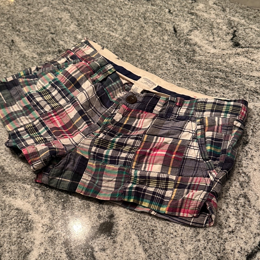 American Eagle Outfitters Plaid Multicolor Patchwork Jean Shorts - Picture 3 of 6